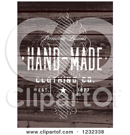 Clipart of a Distressed Hand Made Clothing Label over Wood - Royalty Free Vector Illustration by BestVector