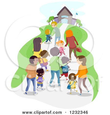 Clipart of School Children and Adults Walking to a Building - Royalty Free Vector Illustration by BNP Design Studio