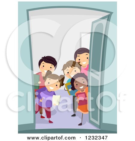 Clipart of a Diverse Group of Students Welcoming at a Door for a Study Group - Royalty Free Vector Illustration by BNP Design Studio