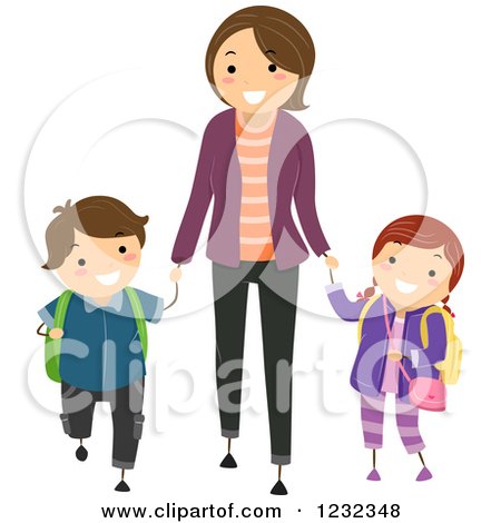 Clipart of a Happy Mom Walking Her Children to School - Royalty Free Vector Illustration by BNP Design Studio