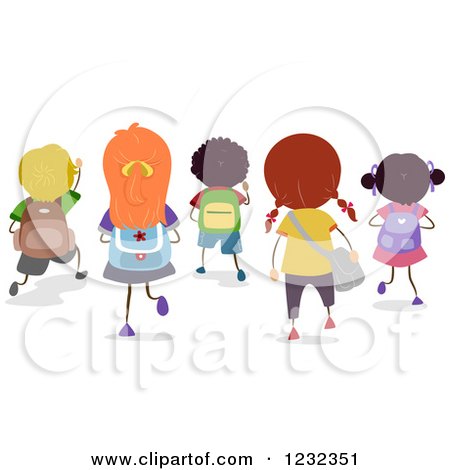 Clipart of a Rear View of Diverse School Children Walking - Royalty Free Vector Illustration by BNP Design Studio