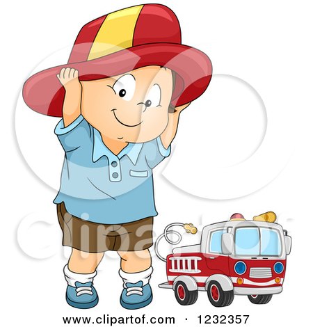 Clipart of a Caucasian Toddler Boy Pretending to Be a Fireman - Royalty Free Vector Illustration by BNP Design Studio