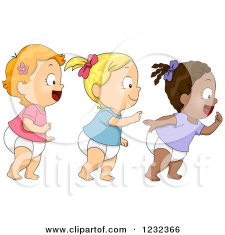 Clipart of Diverse Baby Toddlers Girls Walking in Line - Royalty Free Vector Illustration by BNP Design Studio