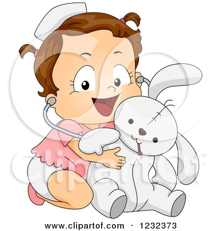 Clipart of a Caucasian Toddler Girl Pretending to Be a Veterinarian for Her Stuffed Bunny - Royalty Free Vector Illustration by BNP Design Studio