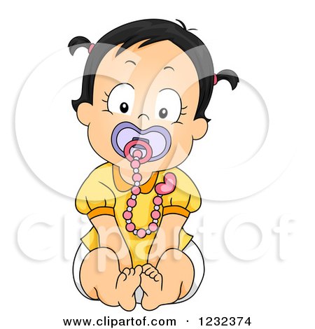 Clipart of a Caucasian Toddler Girl Sitting with a Pacifier and Clip - Royalty Free Vector Illustration by BNP Design Studio