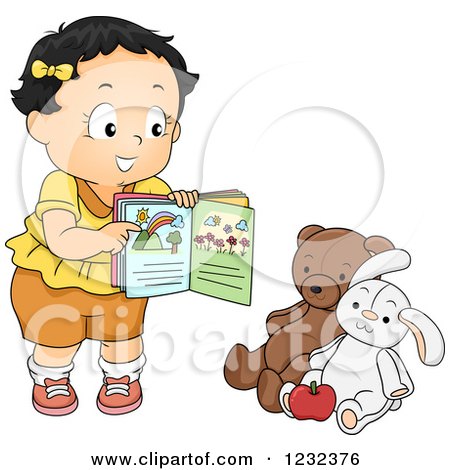 Clipart of a Caucasian Toddler Girl Teaching Her Stuffed Animals - Royalty Free Vector Illustration by BNP Design Studio