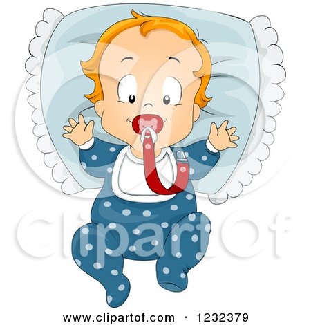 Clipart of a Caucasian Toddler Boy with a Pacifier and Pillow - Royalty Free Vector Illustration by BNP Design Studio