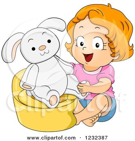 Clipart of a Potty Training Toddler Girl with a Bunny on a Potty - Royalty Free Vector Illustration by BNP Design Studio