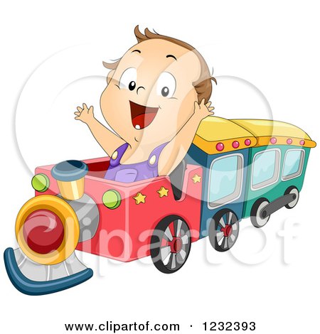 Clipart of a Happy Caucasian Toddler Boy Playing on a Train - Royalty Free Vector Illustration by BNP Design Studio