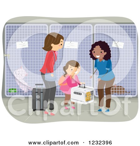 Clipart of a Girl and Mother Ready to Travel, Dropping Their Cat off at a Kennel - Royalty Free Vector Illustration by BNP Design Studio