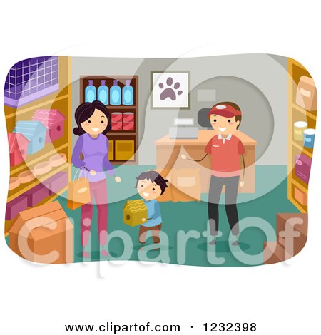 Clipart of a Salesman Helping a Mom and Son Pick out a Bird House in a Pet Store - Royalty Free Vector Illustration by BNP Design Studio