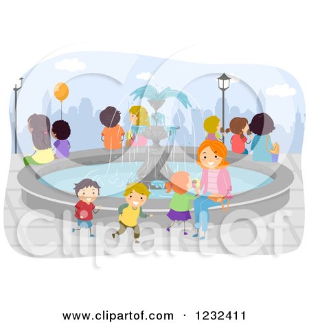 Clipart of a Happy Mother and Children Around a Water Fountain - Royalty Free Vector Illustration by BNP Design Studio