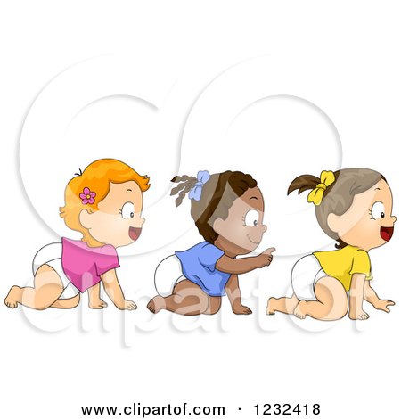 Clipart of Diverse Baby Girls Crawling in Line - Royalty Free Vector Illustration by BNP Design Studio