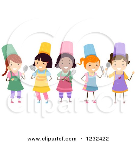 Clipart of Happy Diverse Chef Girls with Cooking Utensils - Royalty Free Vector Illustration by BNP Design Studio