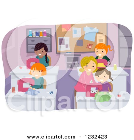 Clipart of a Female Teacher Instructing Girls in a Sewing Class - Royalty Free Vector Illustration by BNP Design Studio