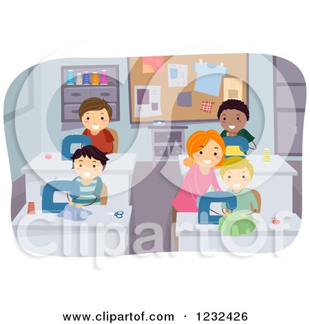 Clipart of a Female Teacher Instructing Boys in a Sewing Class - Royalty Free Vector Illustration by BNP Design Studio