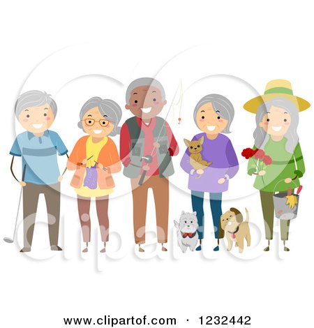 Clipart of a Diverse Group of Elderly Friends Showing Their Hobbies and Interests - Royalty Free Vector Illustration by BNP Design Studio