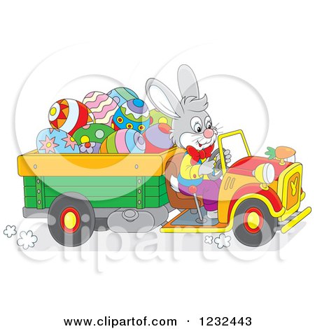 Clipart of an Easter Bunny Driving a Truck Full of Eggs - Royalty Free Vector Illustration by Alex Bannykh