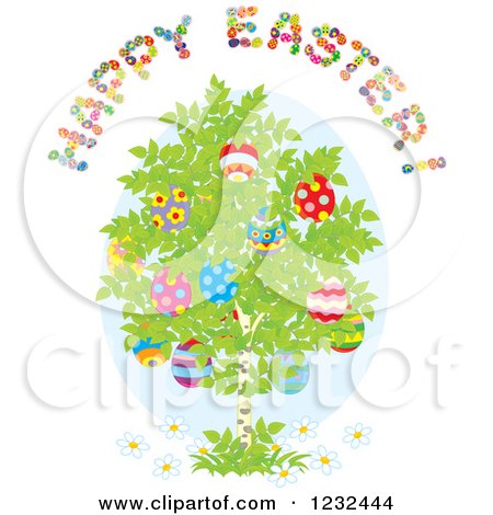 Clipart of a Happy Easter Greeting over a Birch Tree with Eggs - Royalty Free Vector Illustration by Alex Bannykh