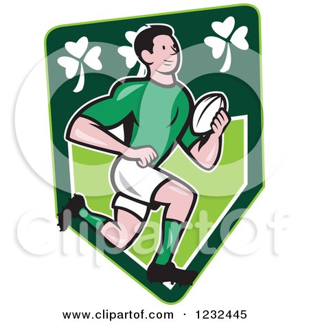Clipart of a Cartoon Rugby Player Running over an Irish Shamrock Shield - Royalty Free Vector Illustration by patrimonio