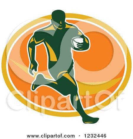 Clipart of a Rugby Player Running over an Orange Oval - Royalty Free Vector Illustration by patrimonio