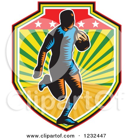 Clipart of a Retro Woodcut Rugby Player Running in a Sunny Shield - Royalty Free Vector Illustration by patrimonio