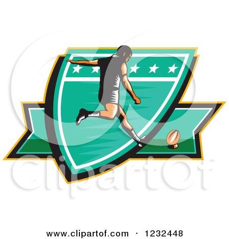 Clipart of a Retro Woodcut Rugby Player Kicking on a Green Shield - Royalty Free Vector Illustration by patrimonio