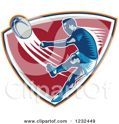 Clipart of a Retro Woodcut Rugby Player Kicking on a Red Shield - Royalty Free Vector Illustration by patrimonio