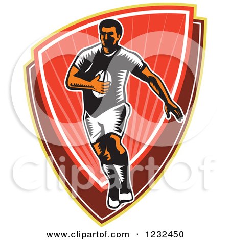 Clipart of a Retro Woodcut Rugby Player Running over a Red Shield - Royalty Free Vector Illustration by patrimonio