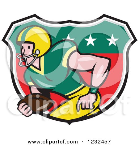 Clipart of a Gridiron American Football Player Running in a Shield - Royalty Free Vector Illustration by patrimonio