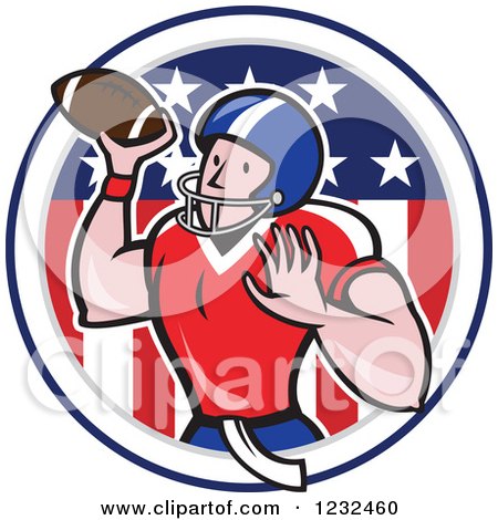Clipart of a Gridiron American Football Player Throwing over a Flag Circle - Royalty Free Vector Illustration by patrimonio