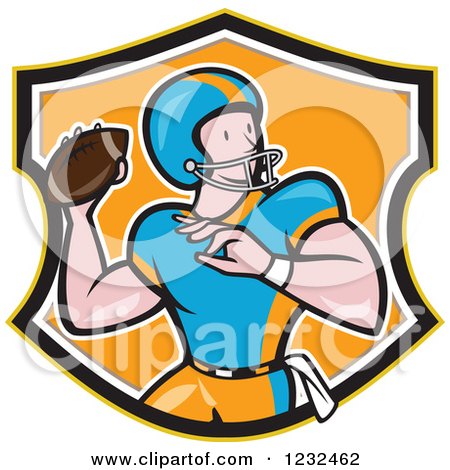 Clipart of a Gridiron American Football Player Throwing in an Orange Shield - Royalty Free Vector Illustration by patrimonio
