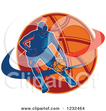 Clipart of a Woodcut Basketball Player Dribbling over a Ball - Royalty Free Vector Illustration by patrimonio