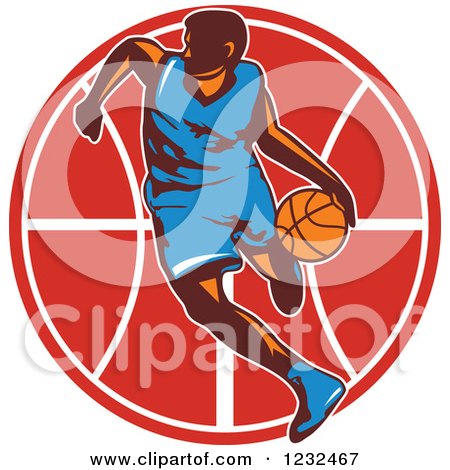 Clipart of a Basketball Player Dribbling over a Red Ball - Royalty Free Vector Illustration by patrimonio