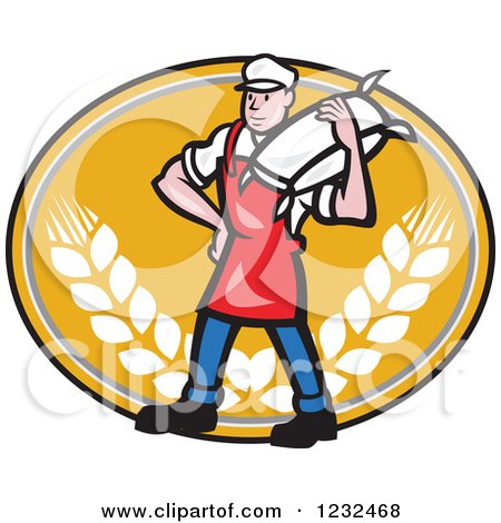 Clipart of a Cartoon Flour Miller Worker Carrying a Sack on an Orange Wheat Oval - Royalty Free Vector Illustration by patrimonio