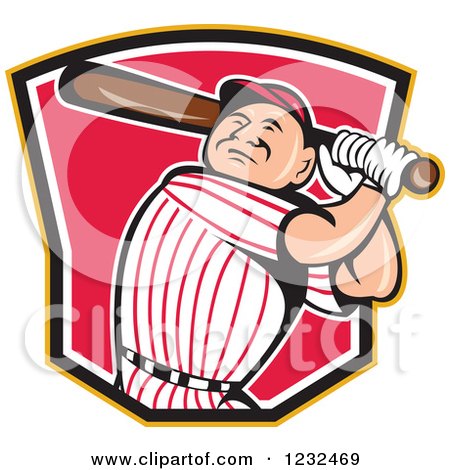 Clipart of a Baseball Player Batting over a Shield - Royalty Free Vector Illustration by patrimonio