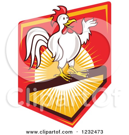 Clipart of a Presenting White Rooster on a Shield with Sunshine - Royalty Free Vector Illustration by patrimonio