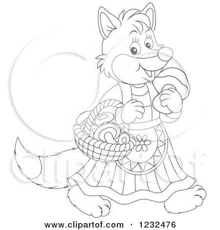 Clipart of a Black and White Female Fox with a Basket of Mushrooms - Royalty Free Vector Illustration by Alex Bannykh