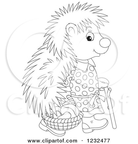 Clipart of a Black and White Female Hedgehog with a Basket of Mushrooms - Royalty Free Vector Illustration by Alex Bannykh
