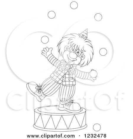 Clipart of a Black and White Circus Clown Juggling on a Podium - Royalty Free Vector Illustration by Alex Bannykh