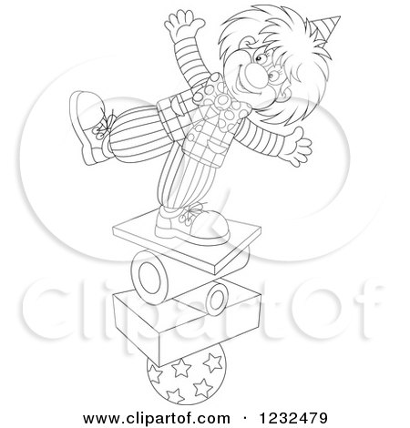 Clipart of a Black and White Circus Clown Balancing on Stacked Items - Royalty Free Vector Illustration by Alex Bannykh