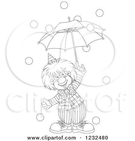 Clipart of a Black and White Circus Clown with an Umbrella and Falling Balls - Royalty Free Vector Illustration by Alex Bannykh