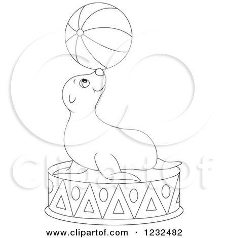 Clipart of a Black and White Circus Sea Lion Balancing a Ball on His Nose - Royalty Free Vector Illustration by Alex Bannykh