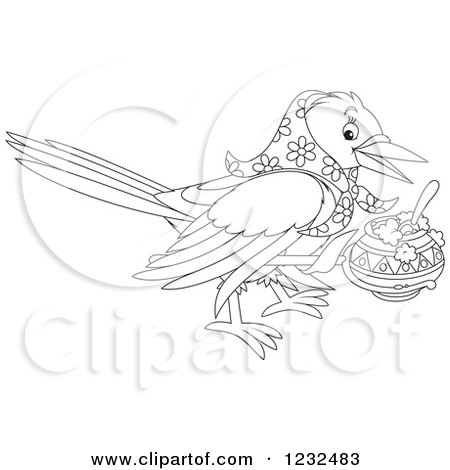 Clipart of a Black and White Crow with a Bowl - Royalty Free Vector Illustration by Alex Bannykh