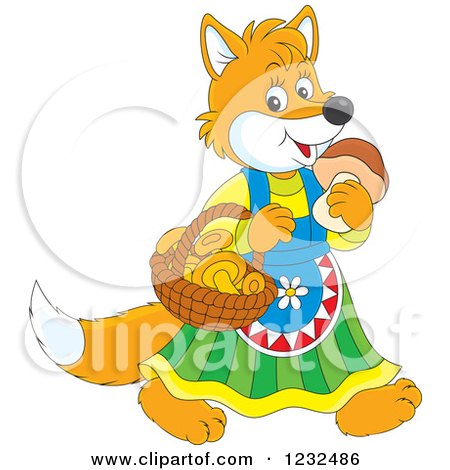 Clipart of a Female Fox with a Basket of Mushrooms - Royalty Free Vector Illustration by Alex Bannykh