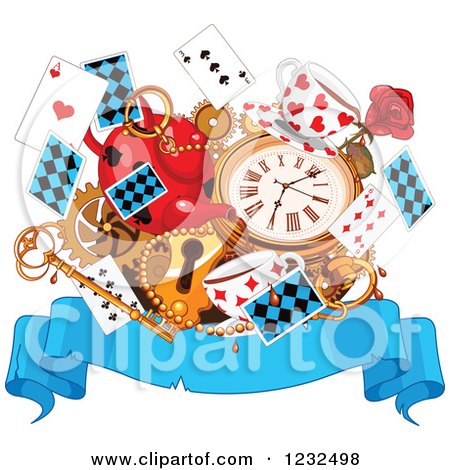 Clipart of a Blue Wonderland Parchment Banner with Tea Cards a Watch and Key - Royalty Free Vector Illustration by Pushkin