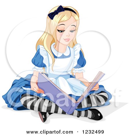 Clipart of Alice in Wonderland Reading a Book on the Ground - Royalty Free Vector Illustration by Pushkin