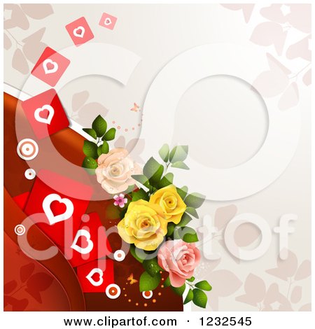 Clipart of a Valentine Background with Roses Foliage and Hearts 2 - Royalty Free Vector Illustration by merlinul