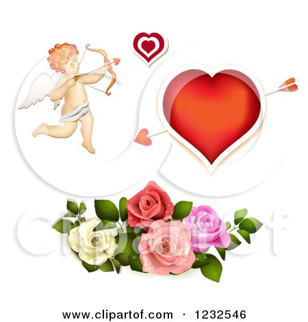 Clipart of a Valentine Cupid Heart and Roses - Royalty Free Vector Illustration by merlinul