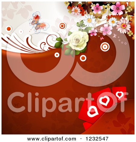 Clipart of a Valentine Background with Foliage Roses Hearts and a Butterfly - Royalty Free Vector Illustration by merlinul